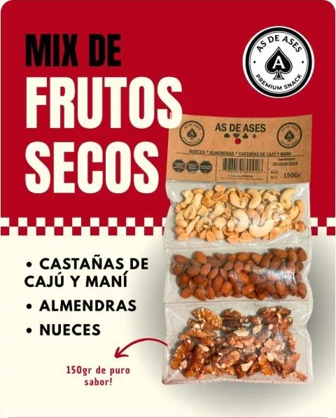 Mix Frutos Secos 150 g As de Ases: castañas de cajú y maní · almendras · nueces