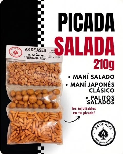 Picada Salada 210 g As de Ases: maní salado · maní japonés clásico · palitos salados